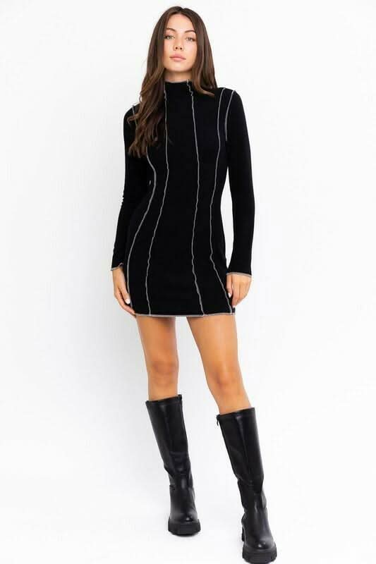 Letta Black Mock Neck Bodycon Mini Dress