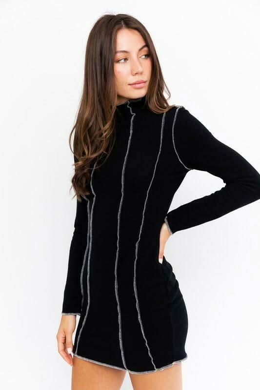 Letta Black Mock Neck Bodycon Mini Dress