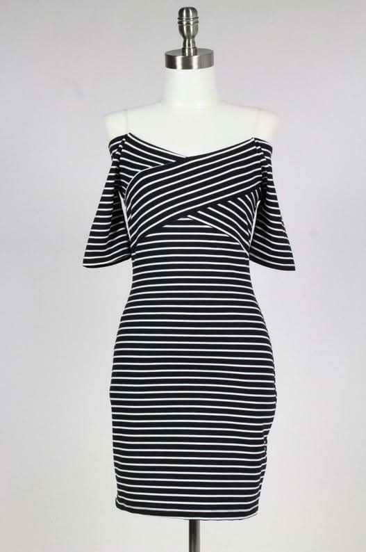 Movin' On Baby Off-The-Shoulder Striped Bodycon Dress