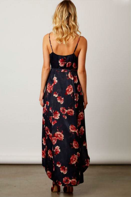 Heidi Navy Satin Floral Wrap Dress