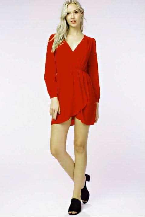 Hannah Cranberry Red Long Sleeve Wrap Dress
