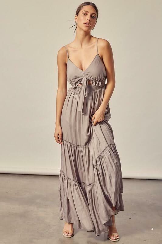 Sweet and Flirty Silver Olive Tiered Maxi Dress