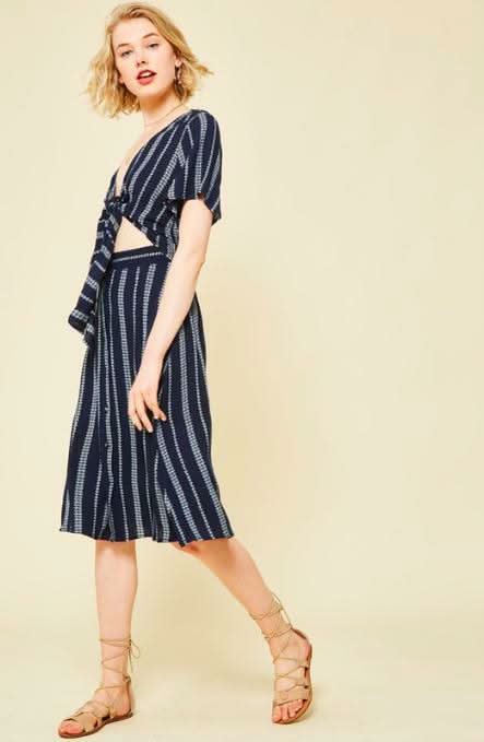 Maddy Navy Striped Print Tie-Front Cutout Dress