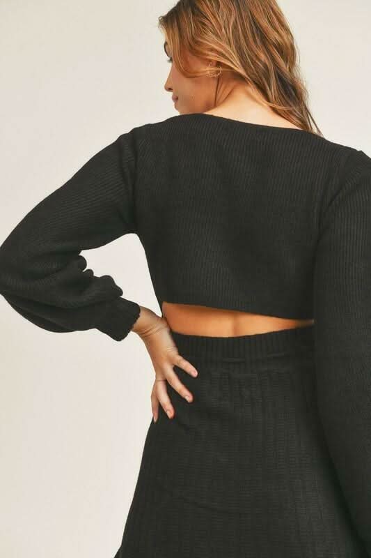 Mari Black Puff Sleeve Sweater Dress