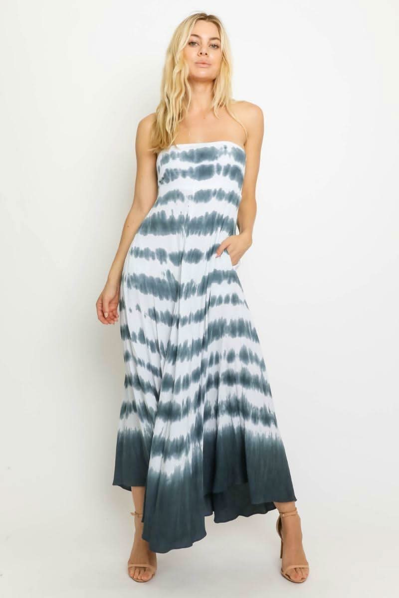 Sunshine Will Follow Charcoal Border Tie-Dye Strapless Maxi Dress