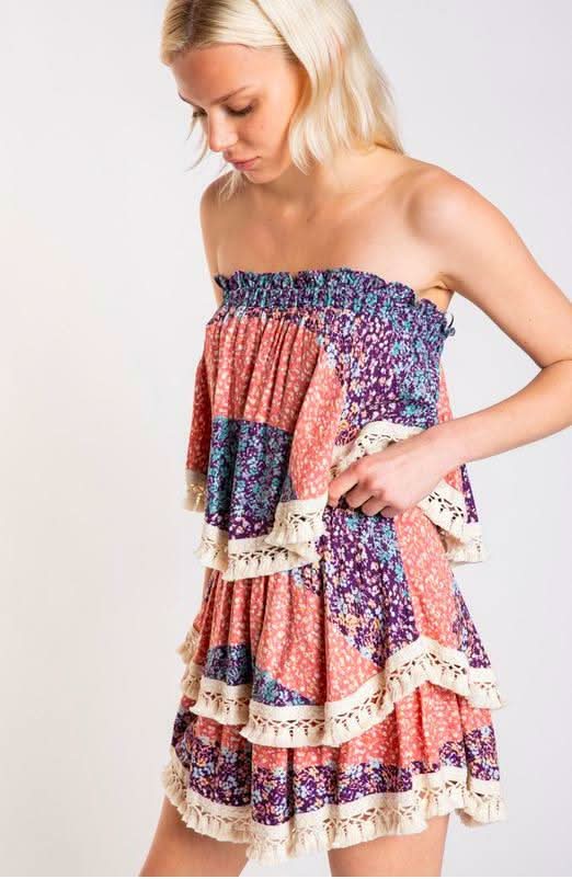 Summer Fields Blue and Blush Floral Print Strapless Two-Piece Set