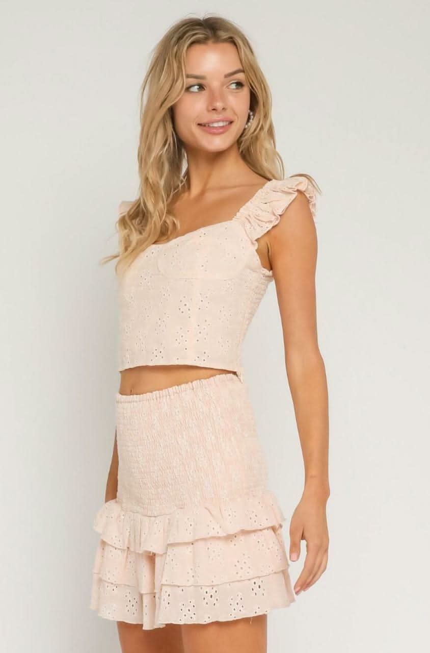 Nina Peach Eyelet Lace Ruffle Two-Piece Dress