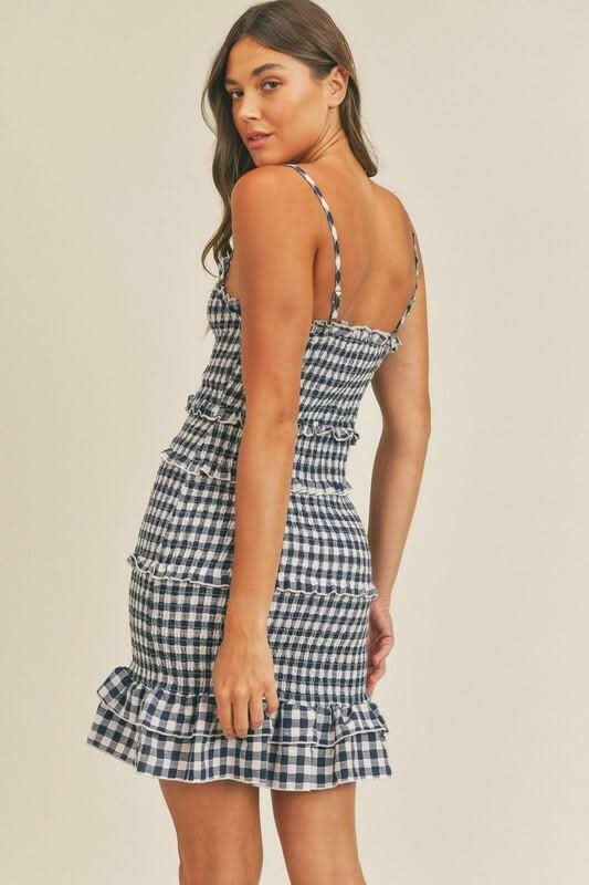 Lily Navy Blue Gingham Smocked Ruffle Mini Dress