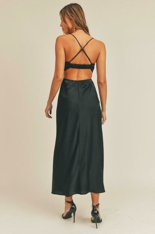 Gina Black Satin Cutout Midi Dress