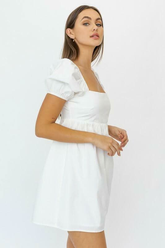 Rosemary White Square Neck Puff Sleeve Babydoll Dress