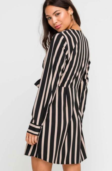 Joanna Black and Taupe Stripe Wrap Dress