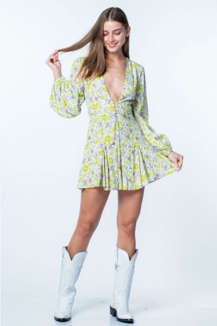 Reese Light Green and Purple Floral Long Sleeve Mini Dress