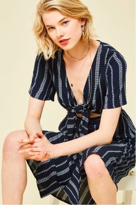 Maddy Navy Striped Print Tie-Front Cutout Dress