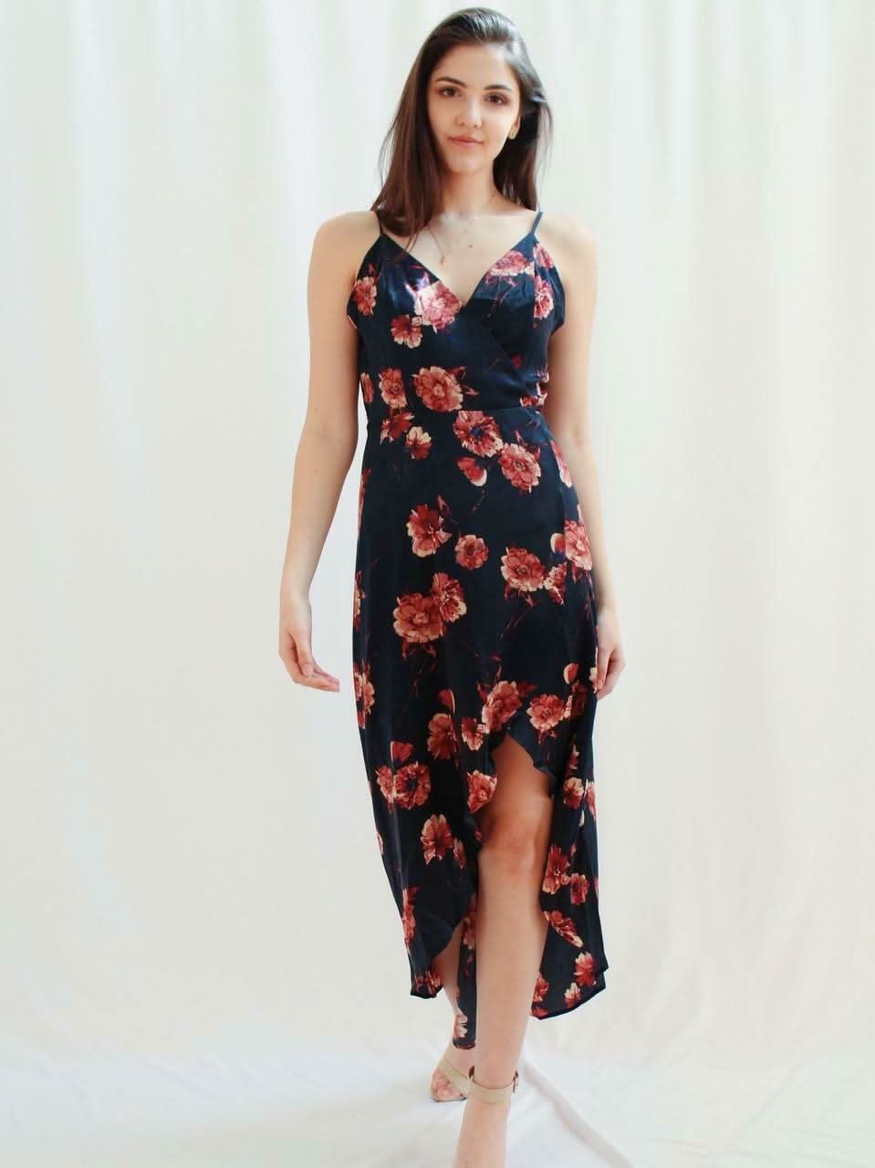 Heidi Navy Satin Floral Wrap Dress