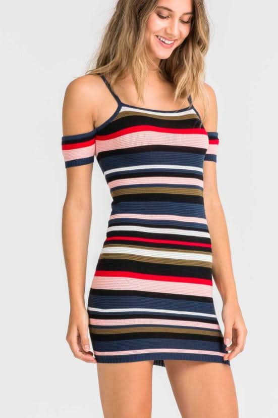 Lush Santorini Sunset Striped Cold Shoulder Dress
