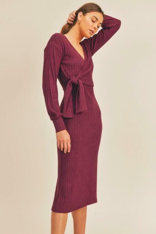 Lush Full Potential Ruby Red Wrap Long Sleeve Midi Dress