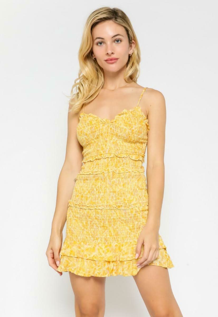 Rhea Yellow Snake Print Smocked Ruffle Mini Dress