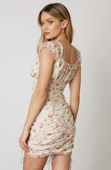 Early Spring Cream Floral Ruched Drawstring Bodycon Dress