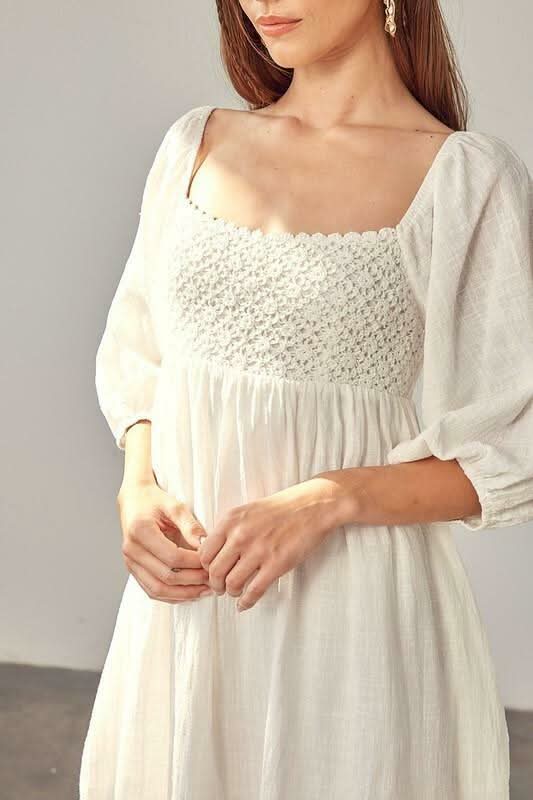 Make It Special White Crochet Puff Sleeve Mini Dress