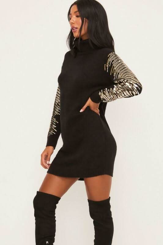 Kiara Black Long Sleeve Turtleneck Sweater Dress