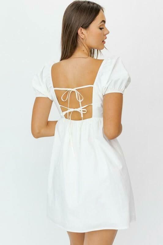 Rosemary White Square Neck Puff Sleeve Babydoll Dress