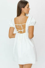 Rosemary White Square Neck Puff Sleeve Babydoll Dress