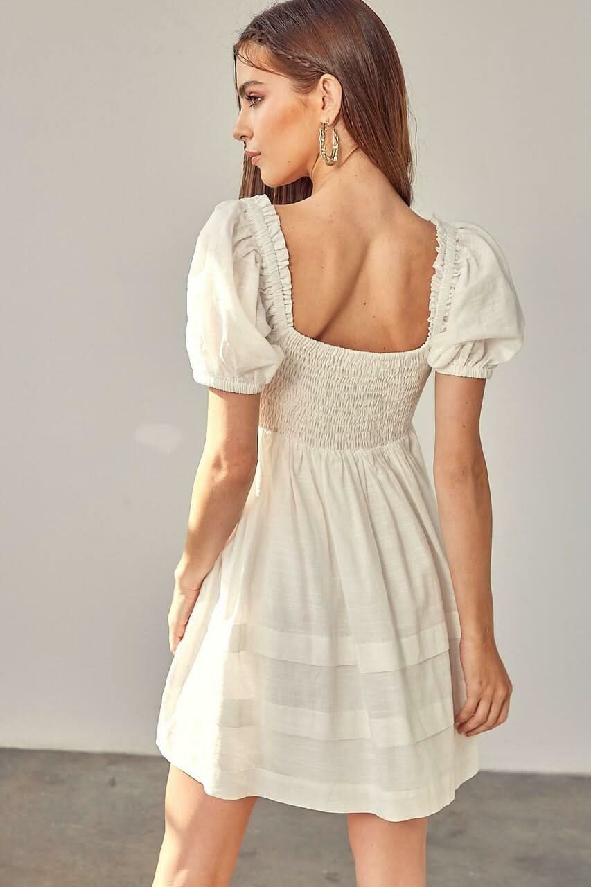 Josephine White Ruched Puff Sleeve Mini Dress