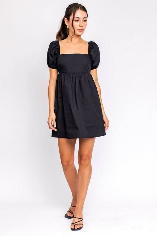Rosemary Black Square Neck Puff Sleeve Babydoll Dress