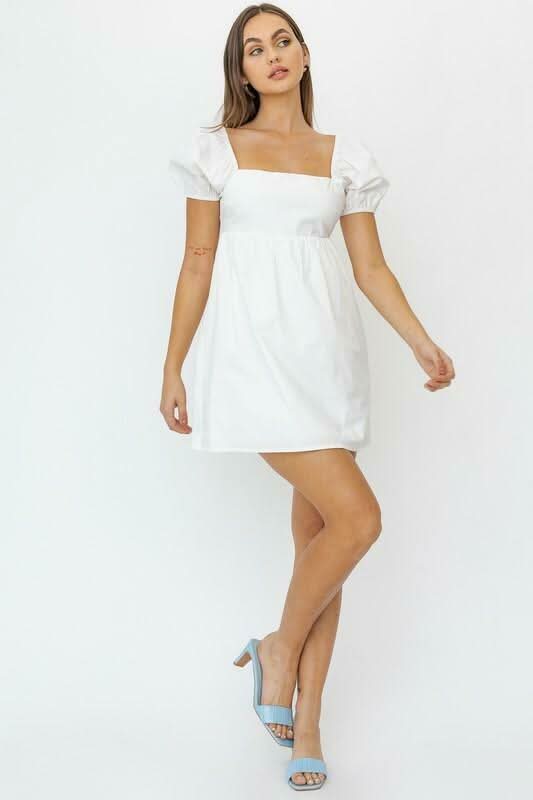 Rosemary White Square Neck Puff Sleeve Babydoll Dress