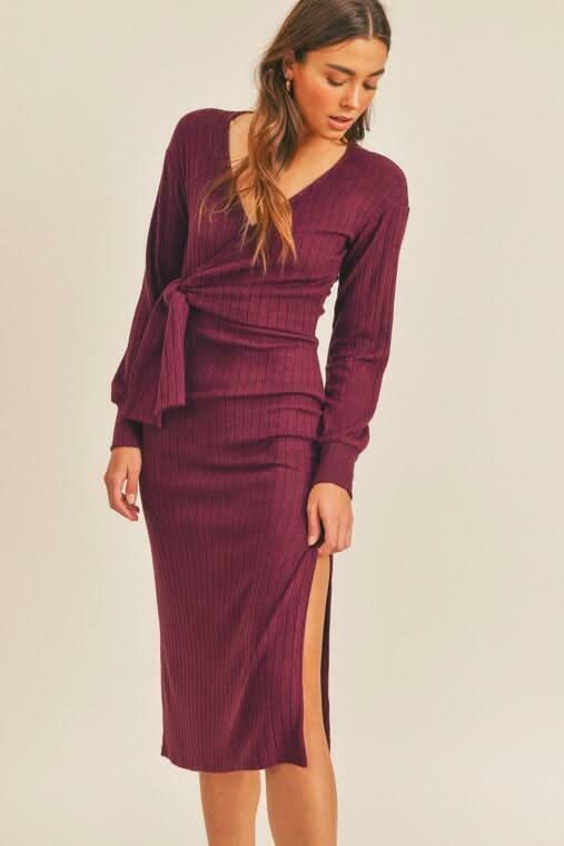 Lush Full Potential Ruby Red Wrap Long Sleeve Midi Dress