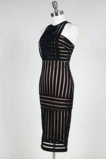 Rules of Intent Sheer Striped Black Body-Con Midi Dress