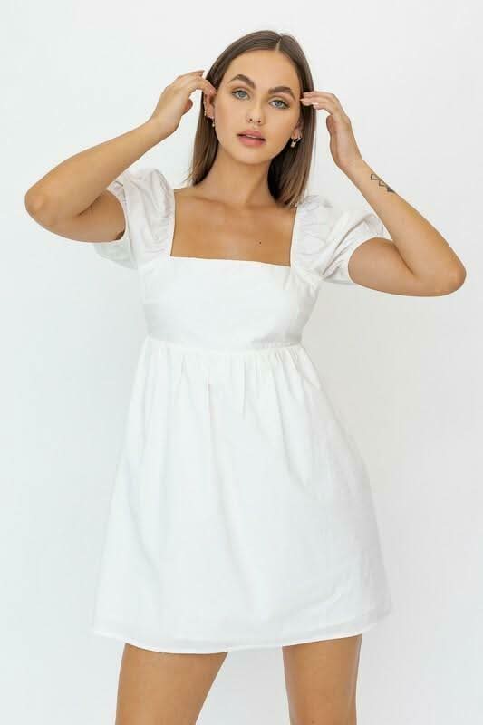 Rosemary White Square Neck Puff Sleeve Babydoll Dress