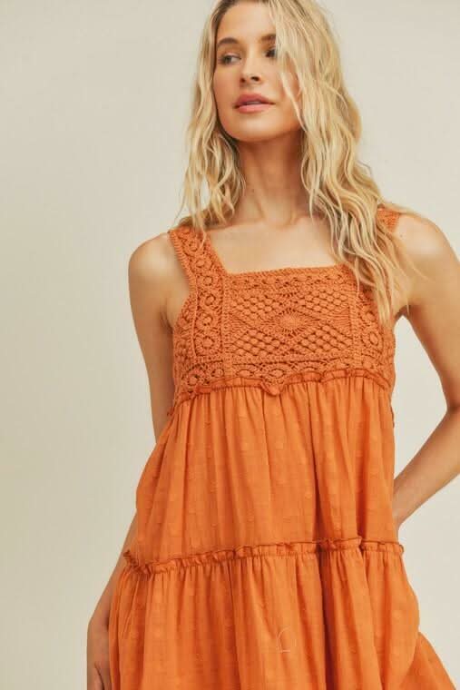 Lush Savanna Orange Rust Crochet Midi Dress