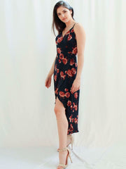 Heidi Navy Satin Floral Wrap Dress