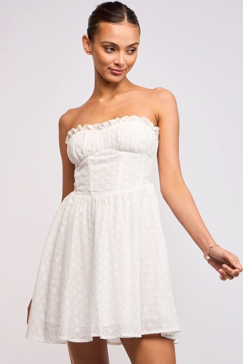 Jaida White Eyelet Strapless Mini Dress