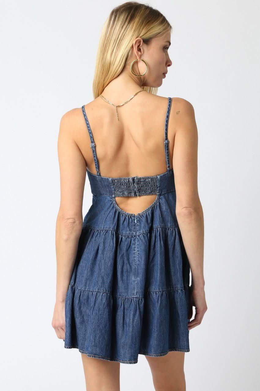 Promenade Medium Wash Denim Tiered Mini Dress