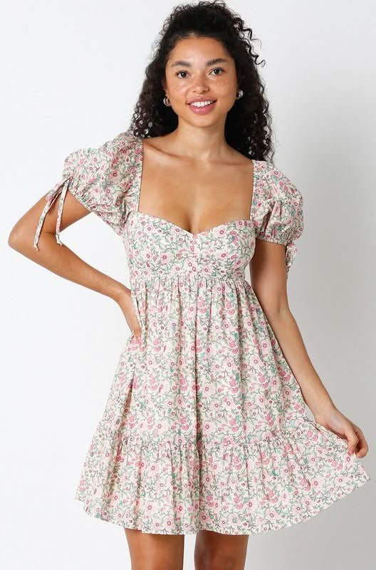 Jessie Pink and Green Floral Babydoll Mini Dress