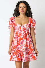 Jessie Orange and Pink Floral Babydoll Mini Dress
