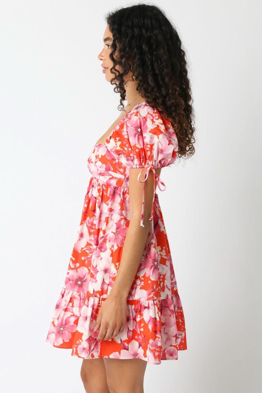 Jessie Orange and Pink Floral Babydoll Mini Dress