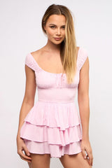 Laney Pink Tiered Ruffle Romper Dress
