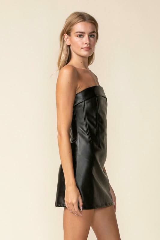 See You There Black Vegan Leather Strapless Mini Dress
