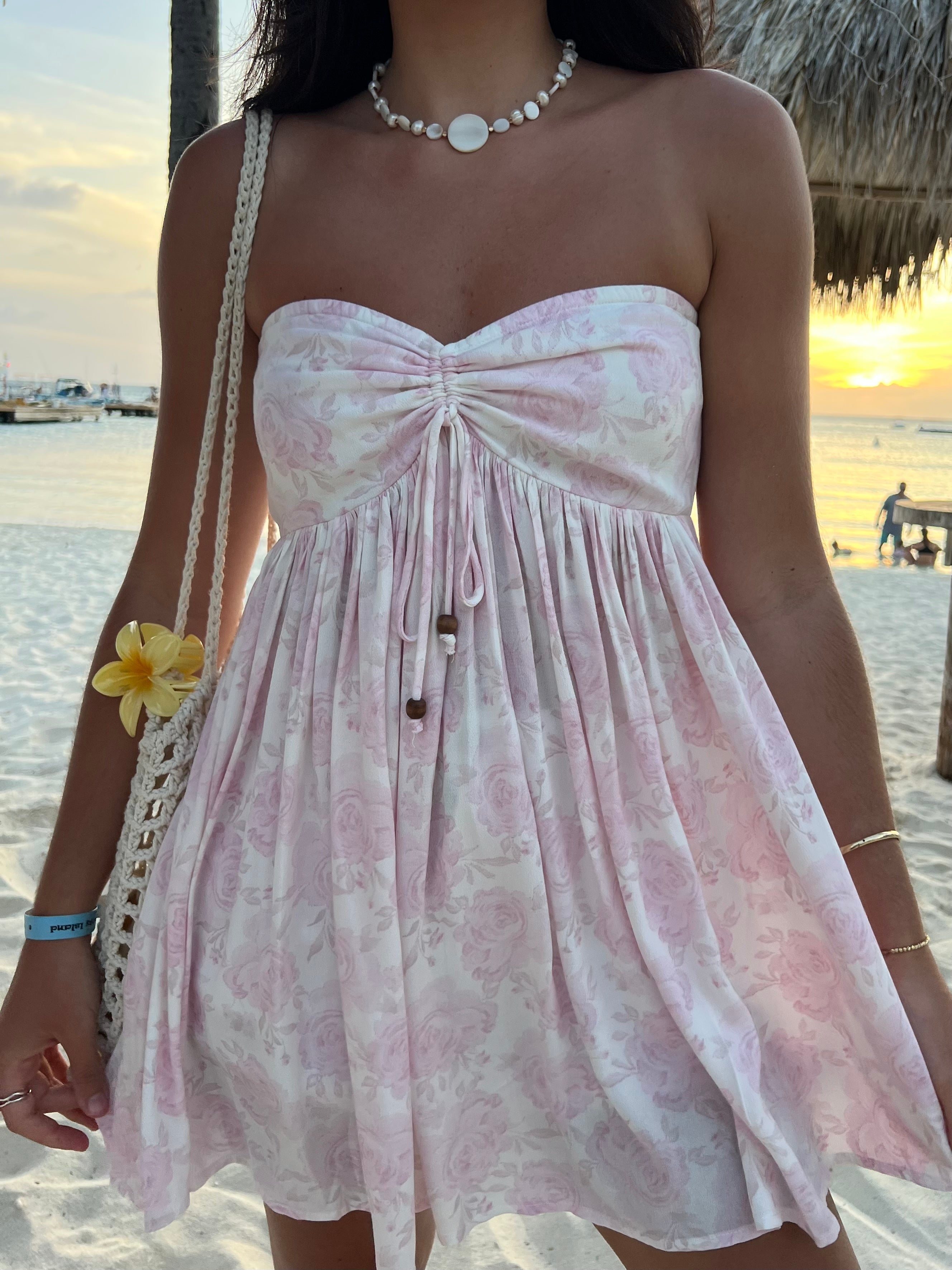 Lena Light Pink Floral Print Strapless Mini Dress