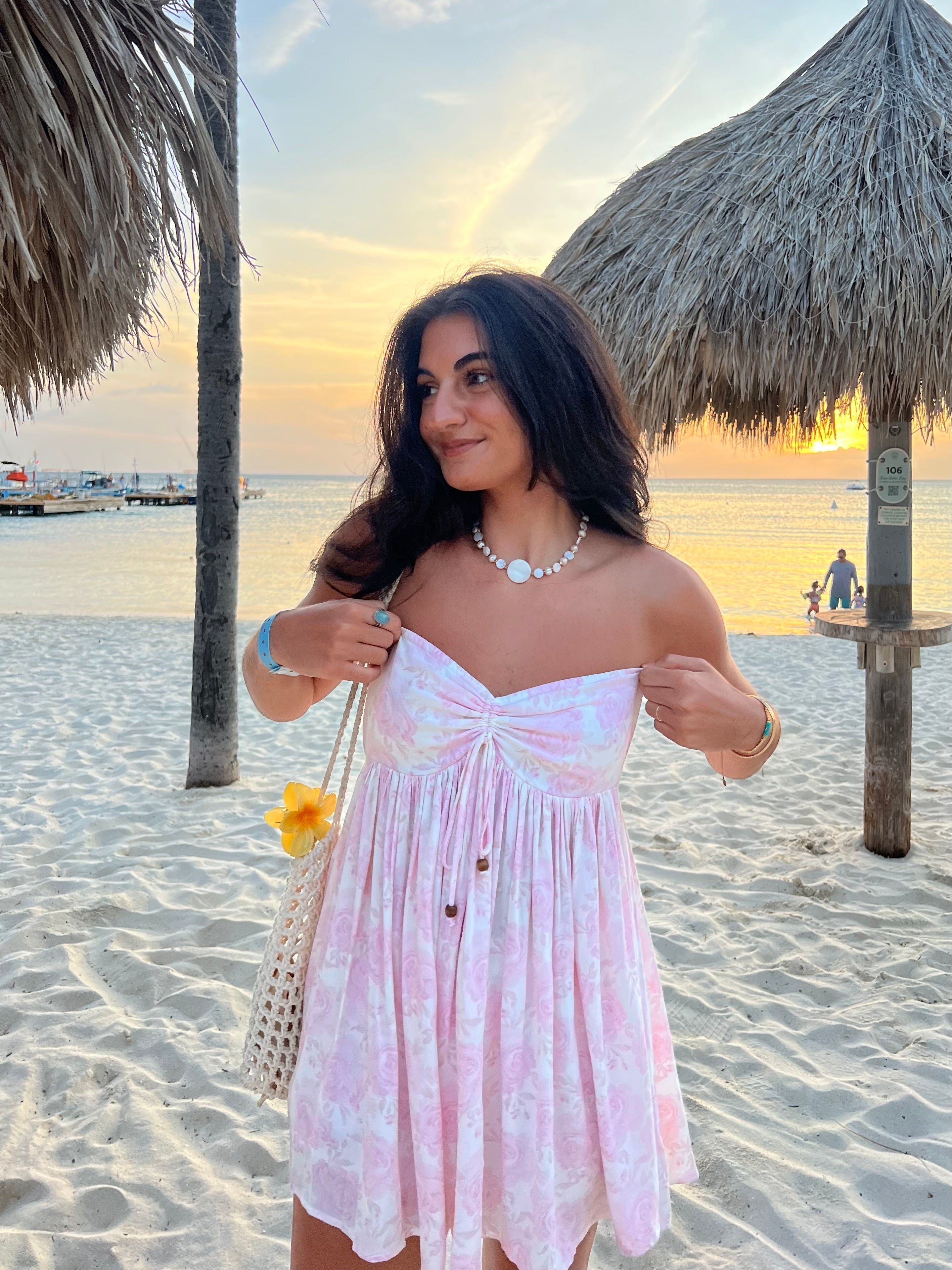 Lena Light Pink Floral Print Strapless Mini Dress