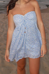 Lena Blue Floral Print Strapless Mini Dress