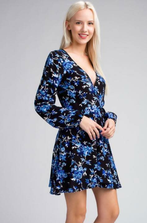 Middleton Black and Blue Floral Long Sleeve  Wrap Dress