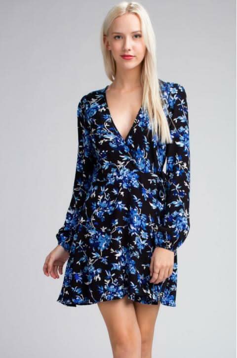 Middleton Black and Blue Floral Long Sleeve  Wrap Dress