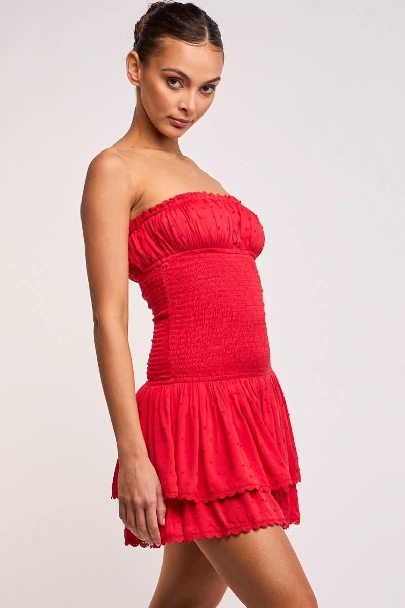 Lyla Red Strapless Drop Waist Mini