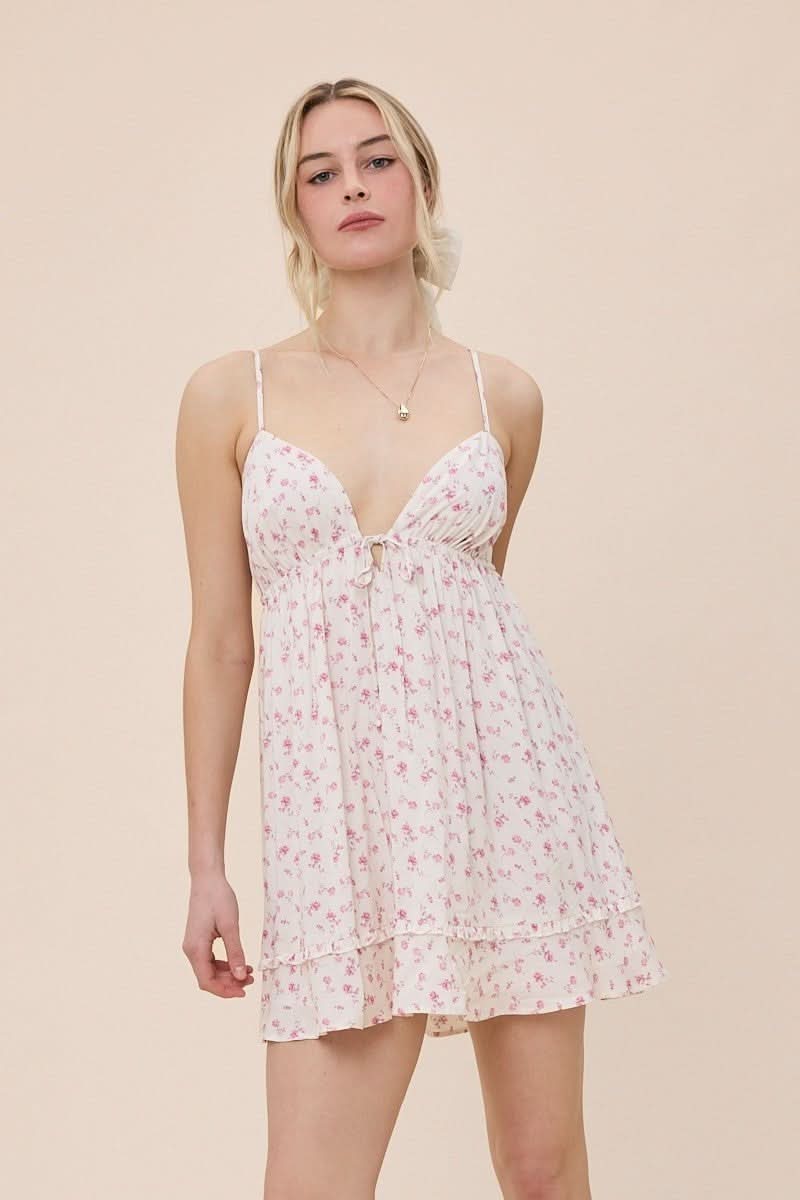 Martha Ivory and Pink Floral Babydoll Mini Dress