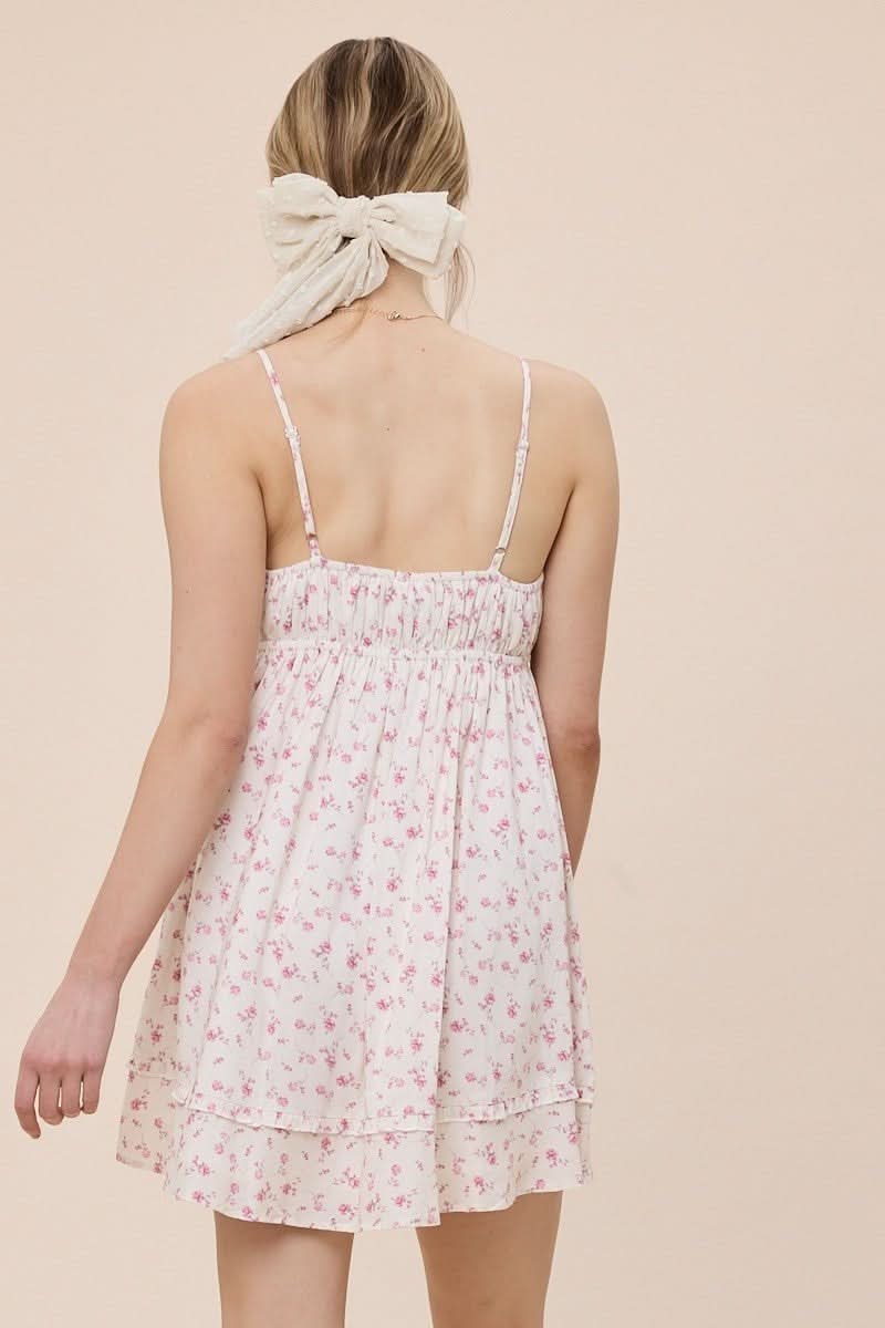 Martha Ivory and Pink Floral Babydoll Mini Dress