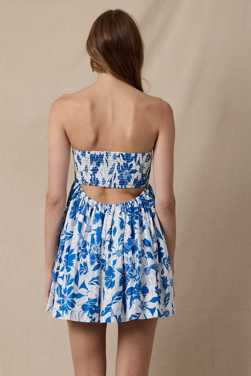 Mckenna Blue and White Floral Strapless Mini Dress